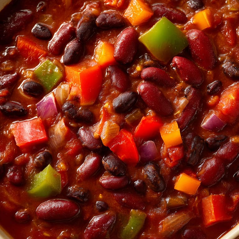 A bowl of chili with various vegetables.
