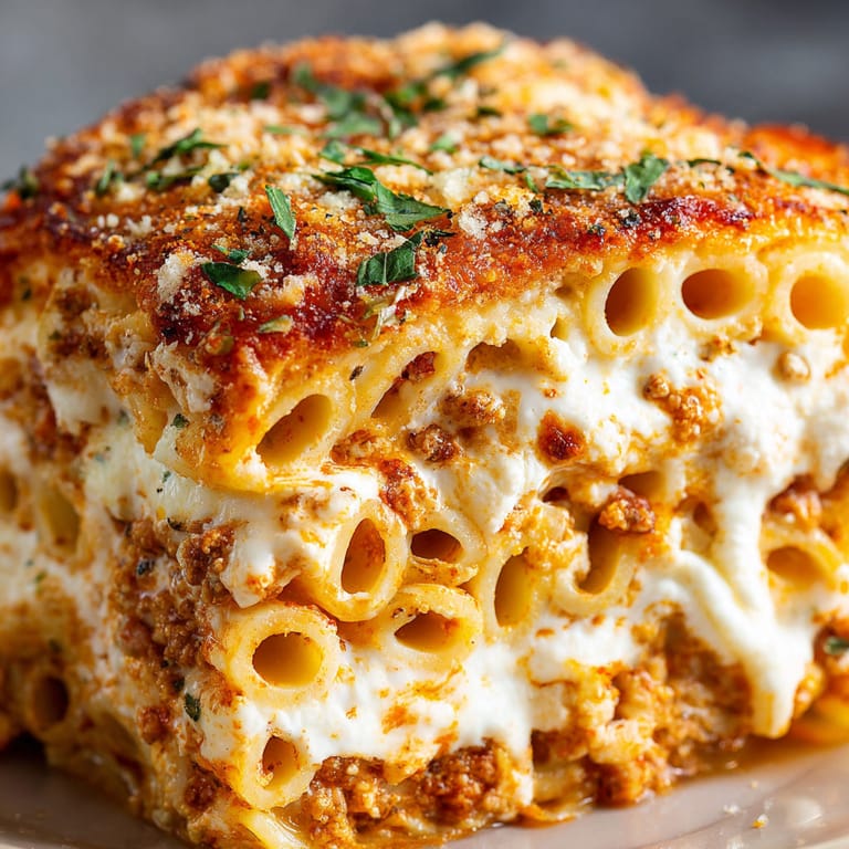 A plate with a piece of lasagna on it.