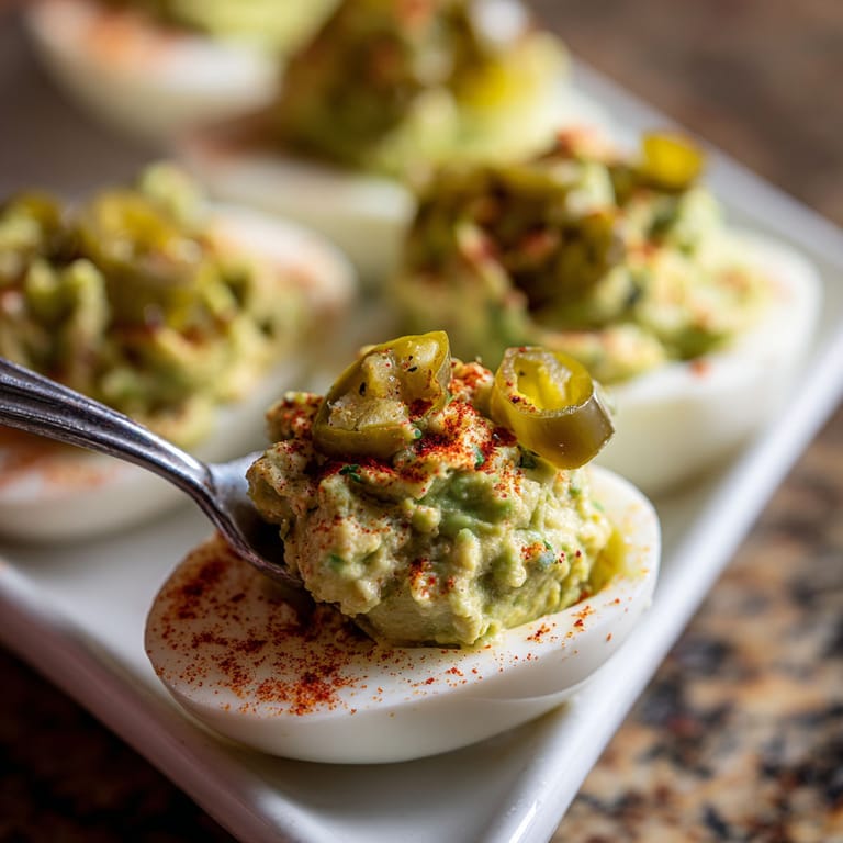 A plate of deviled eggs with a spoon.