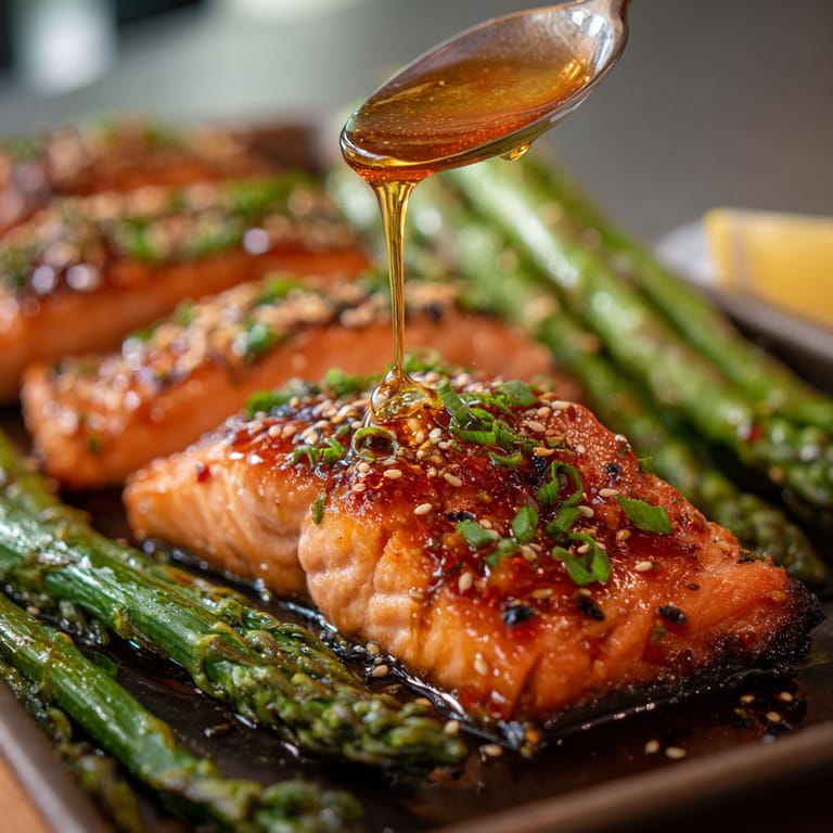 A plate of salmon with honey drizzled on top.