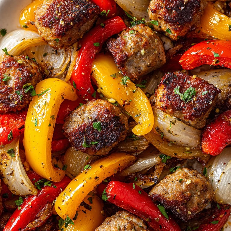 A close up of a delicious sausage, peppers and onions dish.