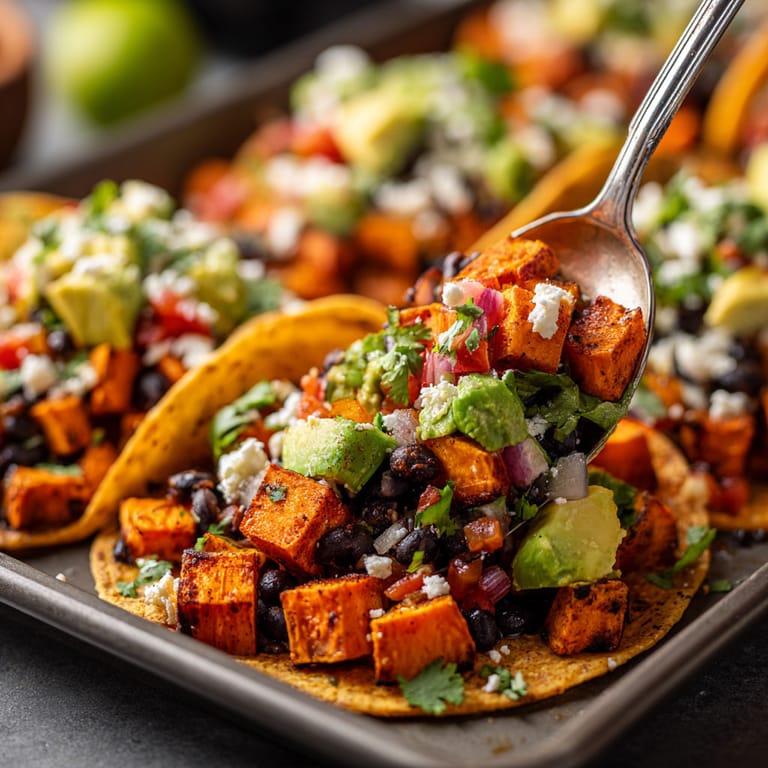 A spoon is being used to serve a plate of Sweet Potato and Black Bean Sheet Pan Tacos.