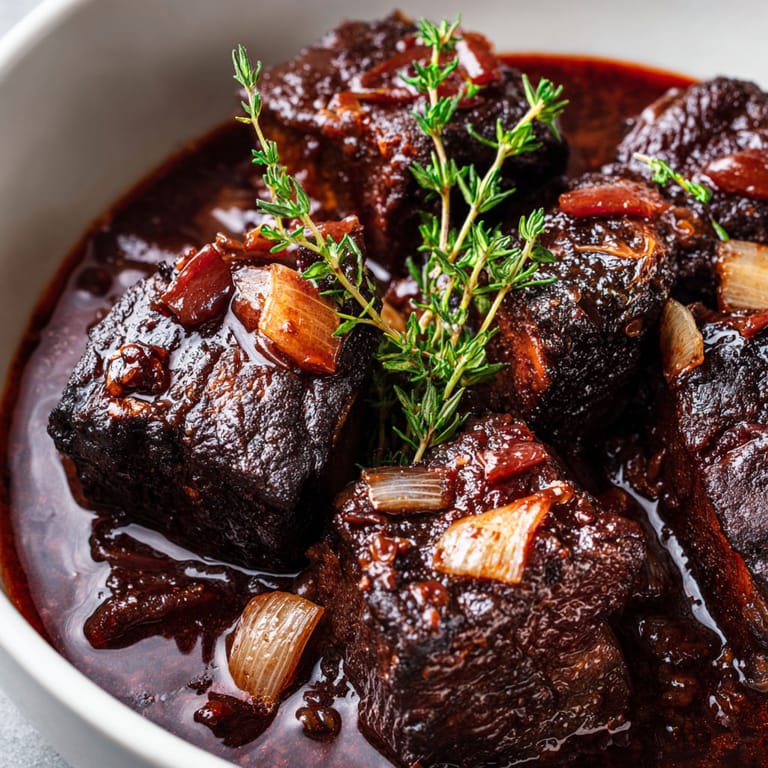 A bowl of slow-cooked short ribs with red wine sauce.