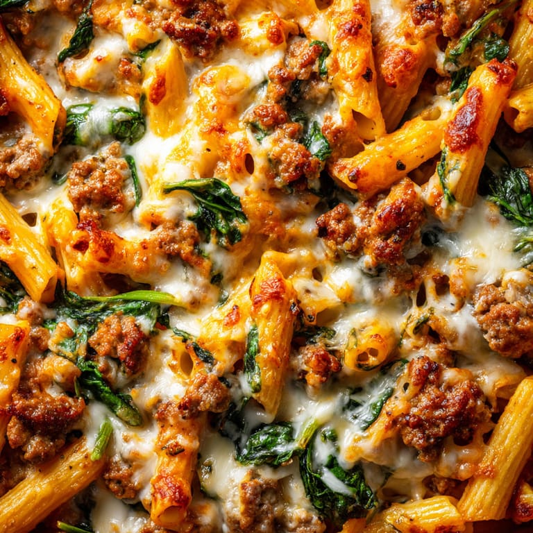 A close up of a delicious cheesy baked ziti with Italian sausage.