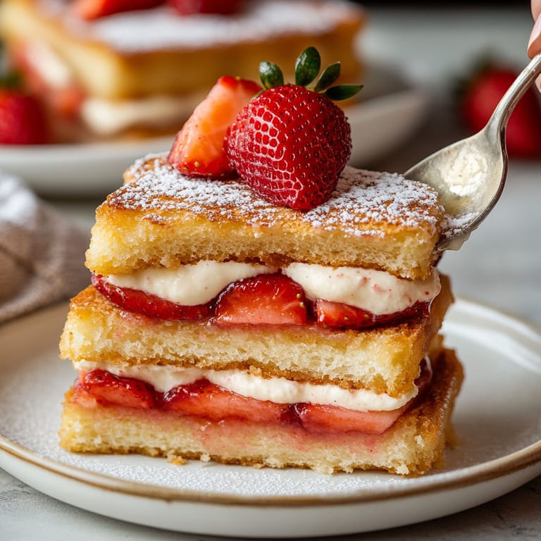 A stack of cake with strawberries on top.