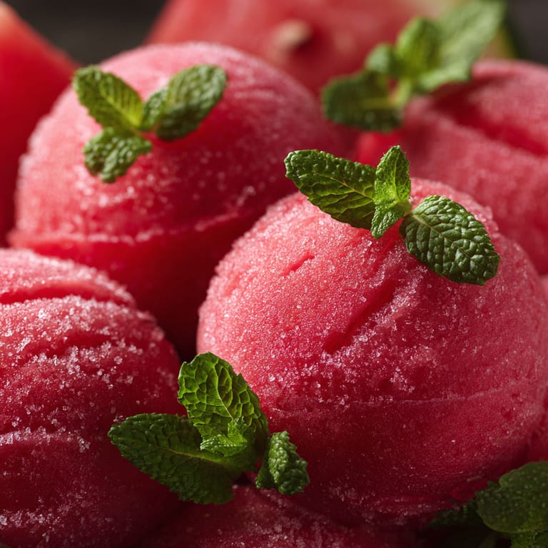 Mini watermelon sorbet bowls with mint leaves.