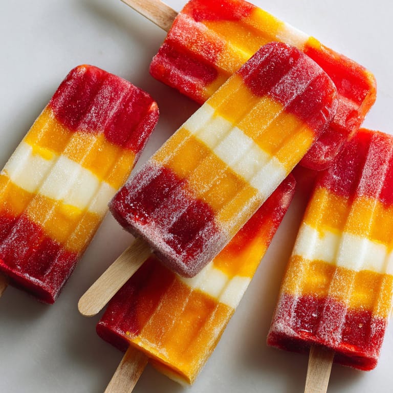 A close up of a red and yellow striped popsicle.