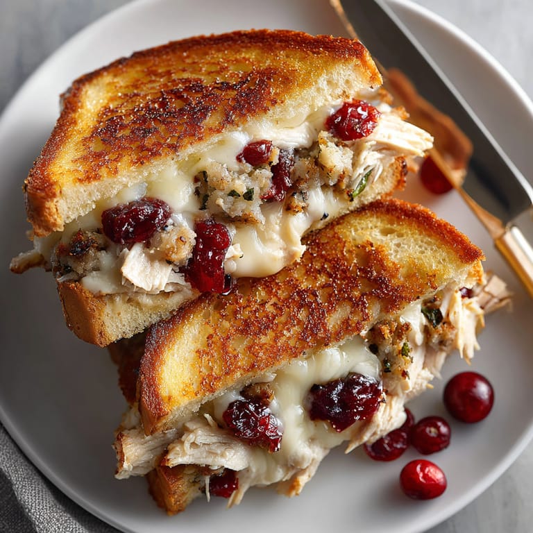 A plate of grilled cheese with cranberry sauce and chicken.
