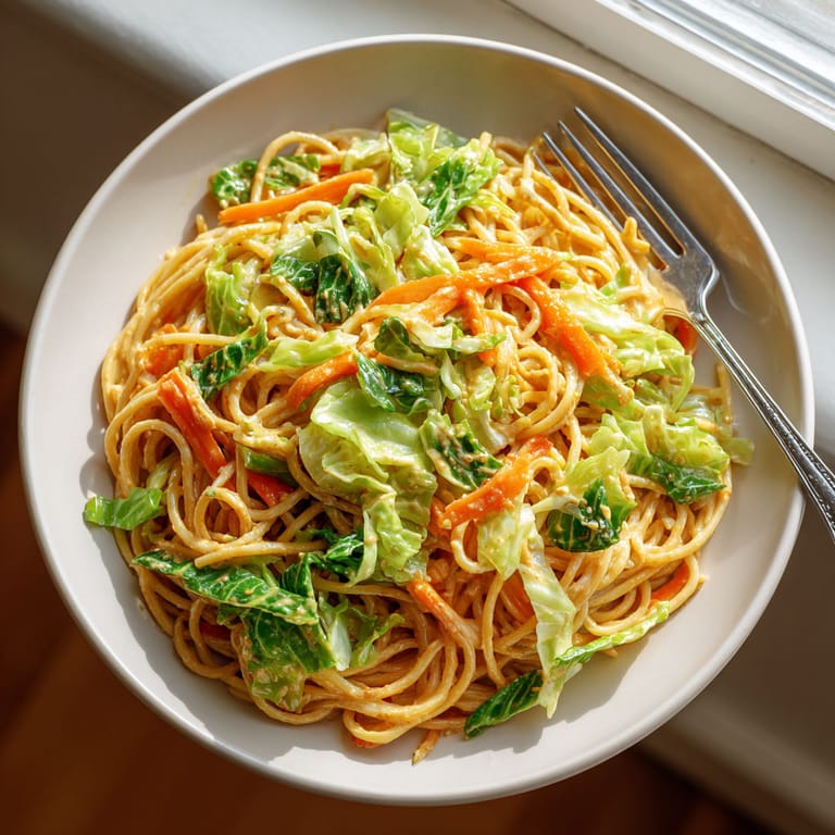 A plate of Thai Peanut Noodles with Shredded Cabbage.