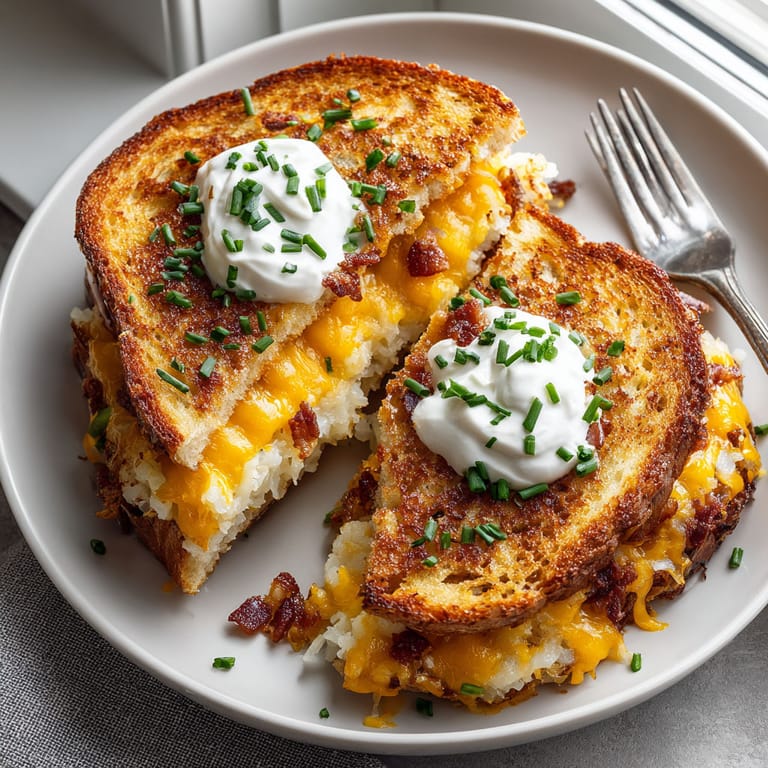 A plate of grilled cheese with bacon and sour cream.
