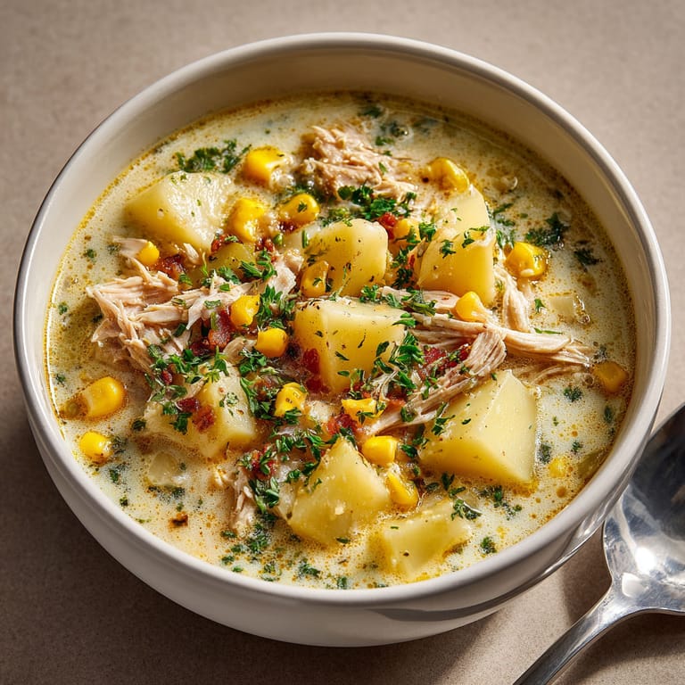 A bowl of soup with chicken and corn.