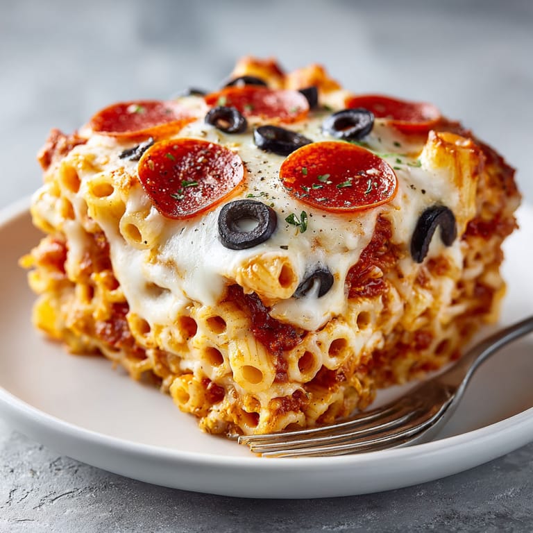 A loaded pizza pasta bake on a plate.