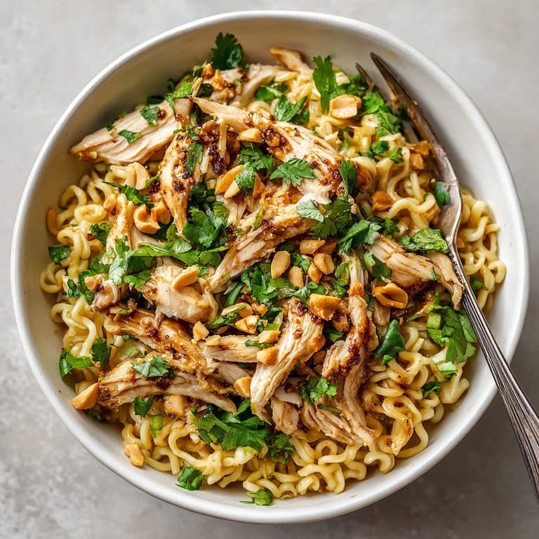 A bowl of noodles with chicken and peanuts.