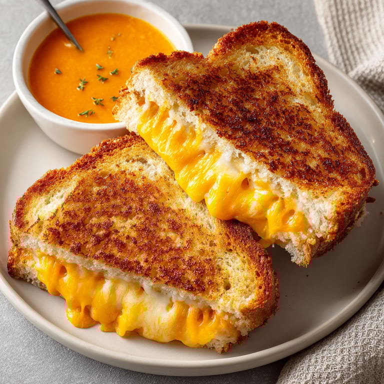 A plate of grilled cheese sandwiches with tomato soup dippers.