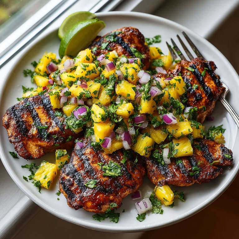 A plate of chicken with pineapple salsa.