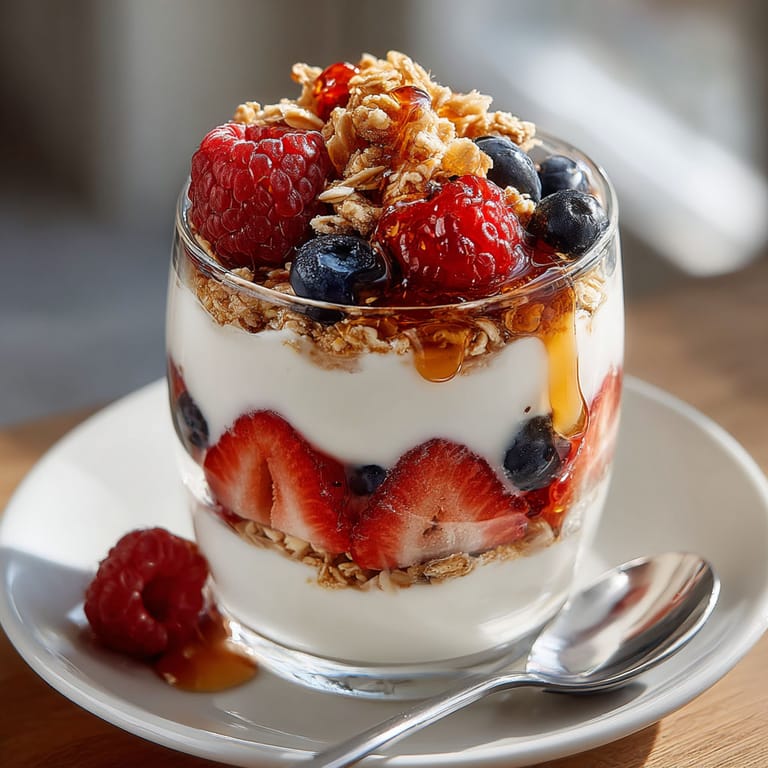 A glass of yogurt with berries and granola.