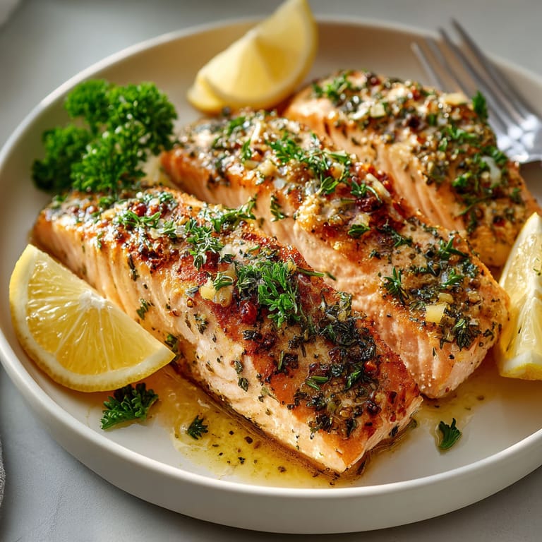 A plate of salmon with lemon wedges on top.