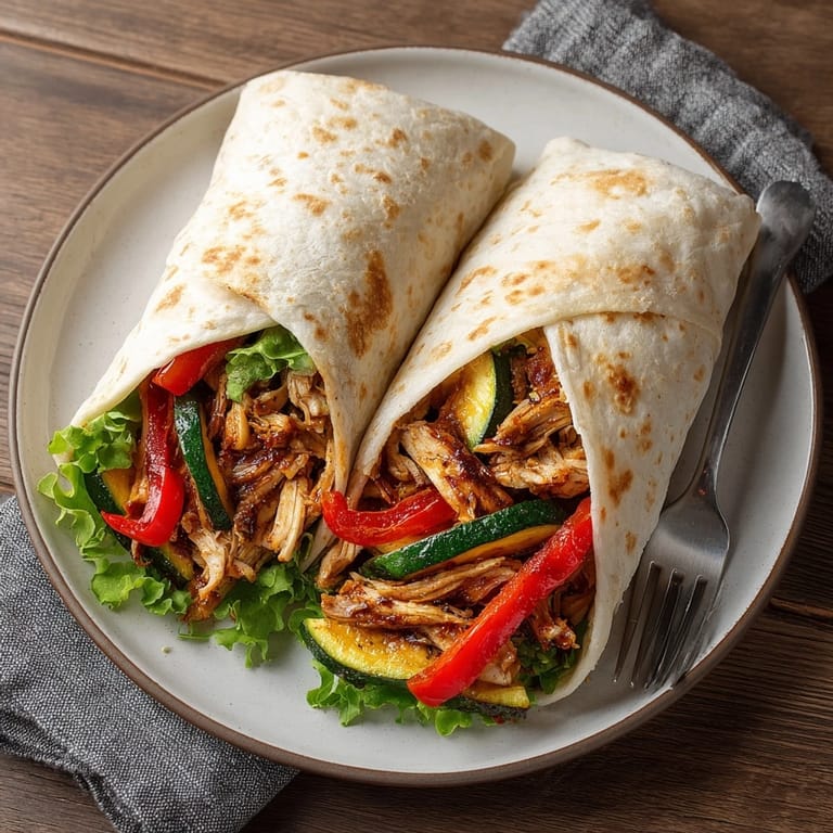 Colorful BBQ Chicken and Roasted Veggie Wraps packed with crisp peppers and sweet onions