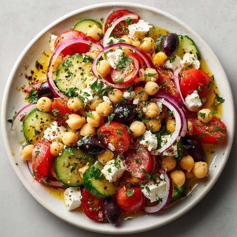 Mediterranean Chickpea and Feta Salad featuring juicy tomatoes, creamy feta, and tangy vinaigrette