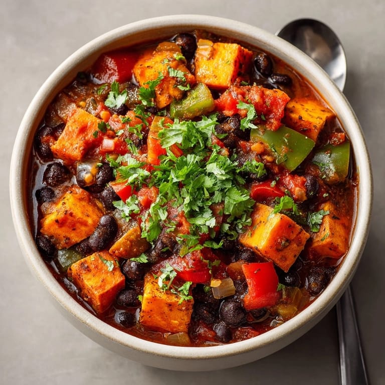 Warm bowl of sweet potato and black bean chili served with lime wedges and cornbread.