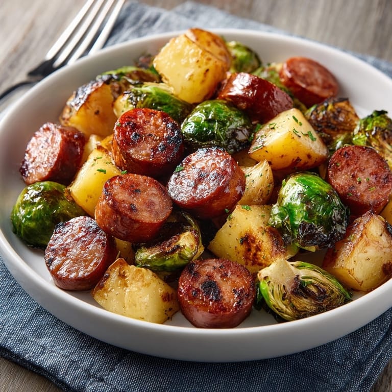 Juicy sausages nestled among crispy potatoes and Brussels sprouts on a sheet pan.