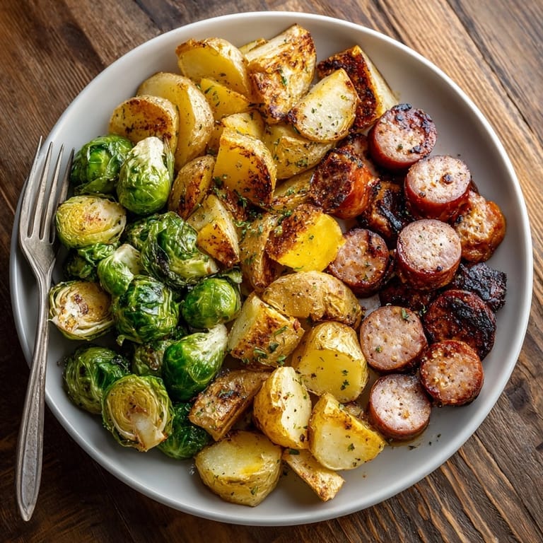 Savory Sheet Pan Sausage, Potatoes, and Brussels Sprouts ready for family dinner serving.