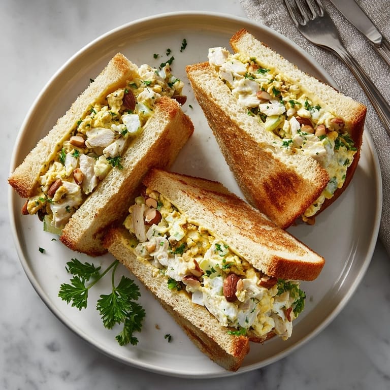 Hearty Classic Curried Chicken Salad Sandwiches layered with creamy curry dressing and crunchy almonds