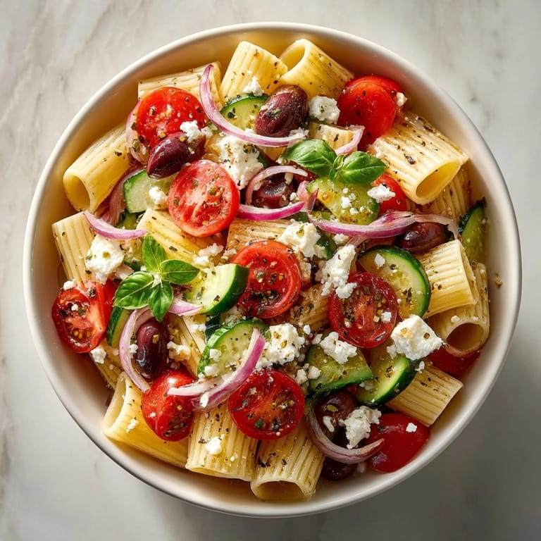 Close-up of Mediterranean Pasta Salad with Olives and Feta, showcasing vibrant vegetables and creamy cheese
