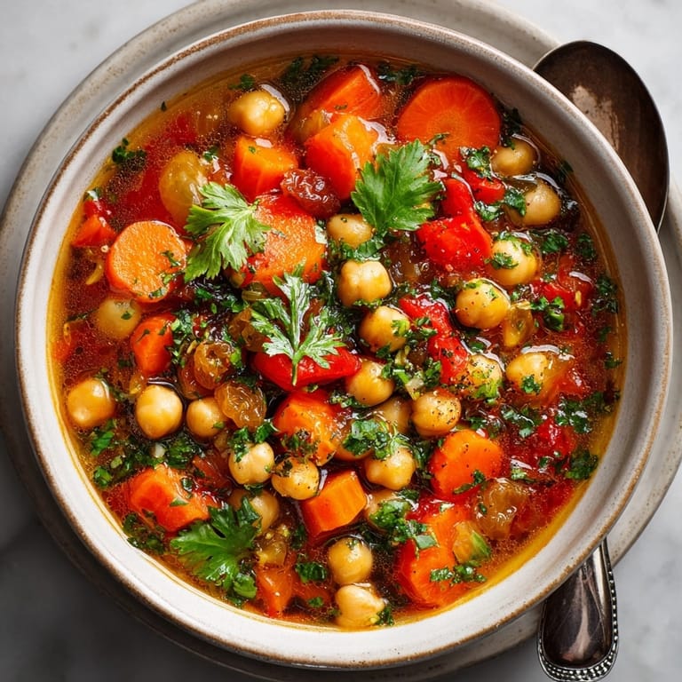 Warm, aromatic Slow Cooker Moroccan Chickpea Stew with tender vegetables, ready for family dinner