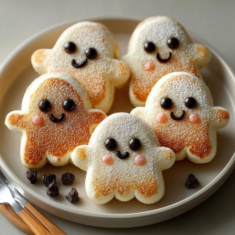 Easy Ghost Pancakes topped with chocolate chip eyes, a delicious Halloween morning treat.