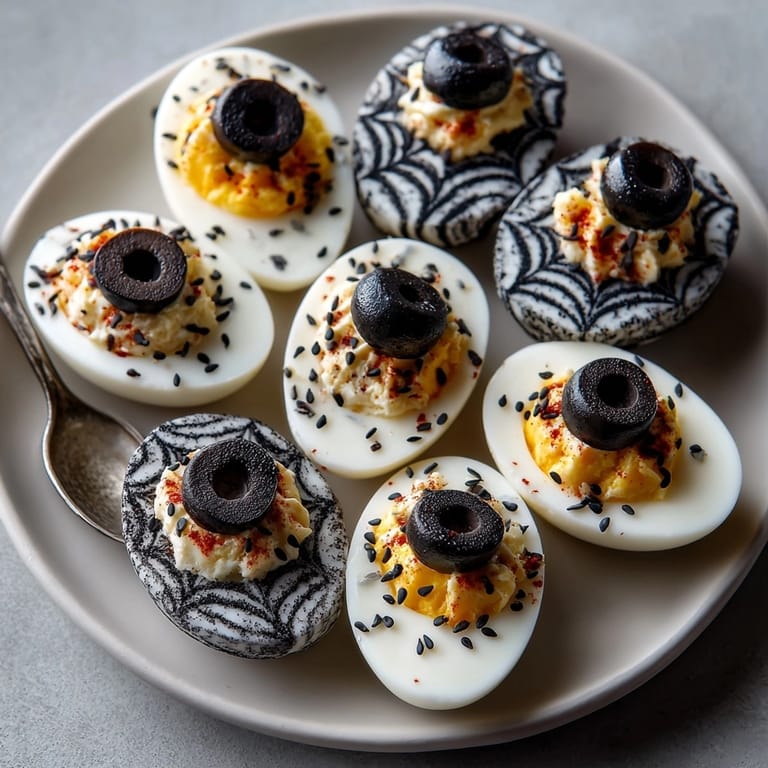 Savory Spiderweb Deviled Eggs, filled with black sesame; a dark Halloween delight.