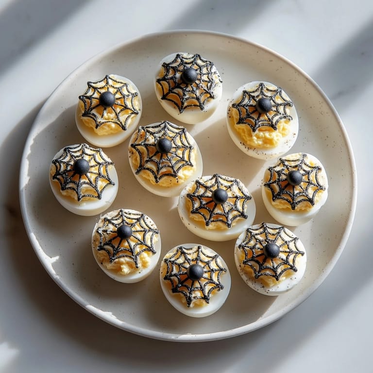 Creamy Spiderweb Deviled Eggs recipe, garnished with sesame, ready to serve as party bites.
