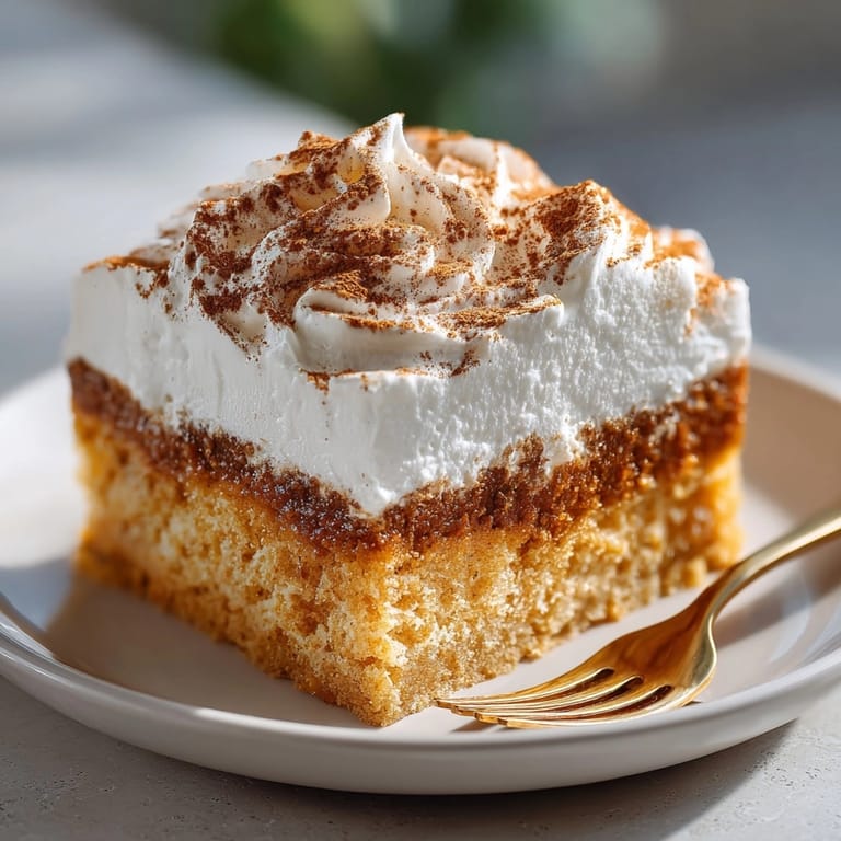 Golden Pumpkin Spice Tres Leches Cake soaking in milk, ready to be served chilled.