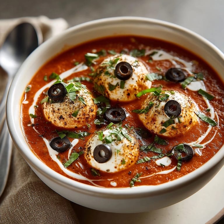 Spooky Eyeball Mozzarella Tomato Soup served hot, topped with basil and cheesy eyeballs.
