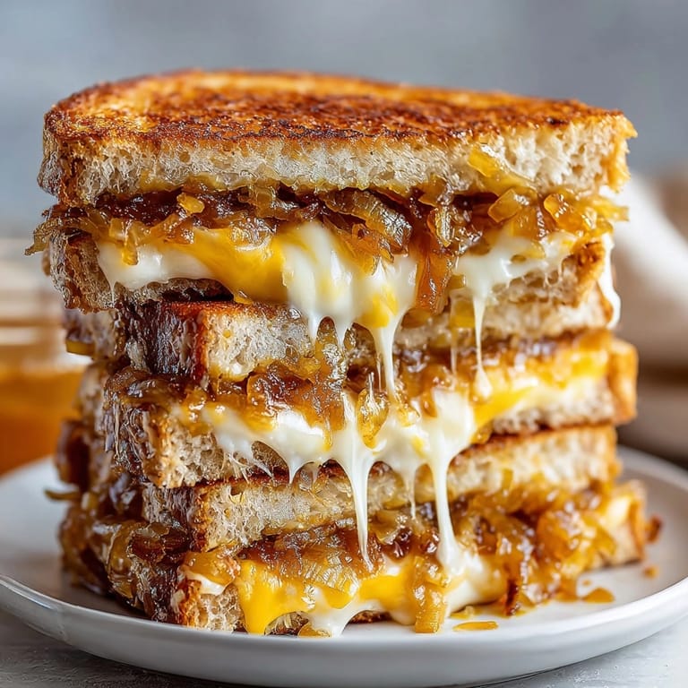 Close-up: French Onion Grilled Cheese showcasing melty cheese and caramelized onions.