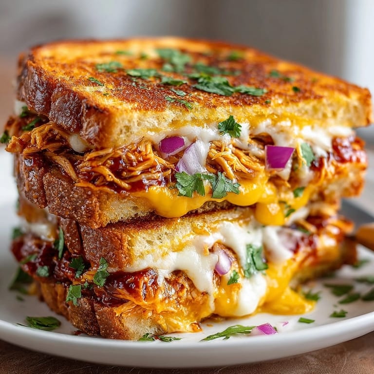 Golden-brown BBQ Chicken Grilled Cheese: comforting, savory, and irresistibly satisfying for a quick meal.