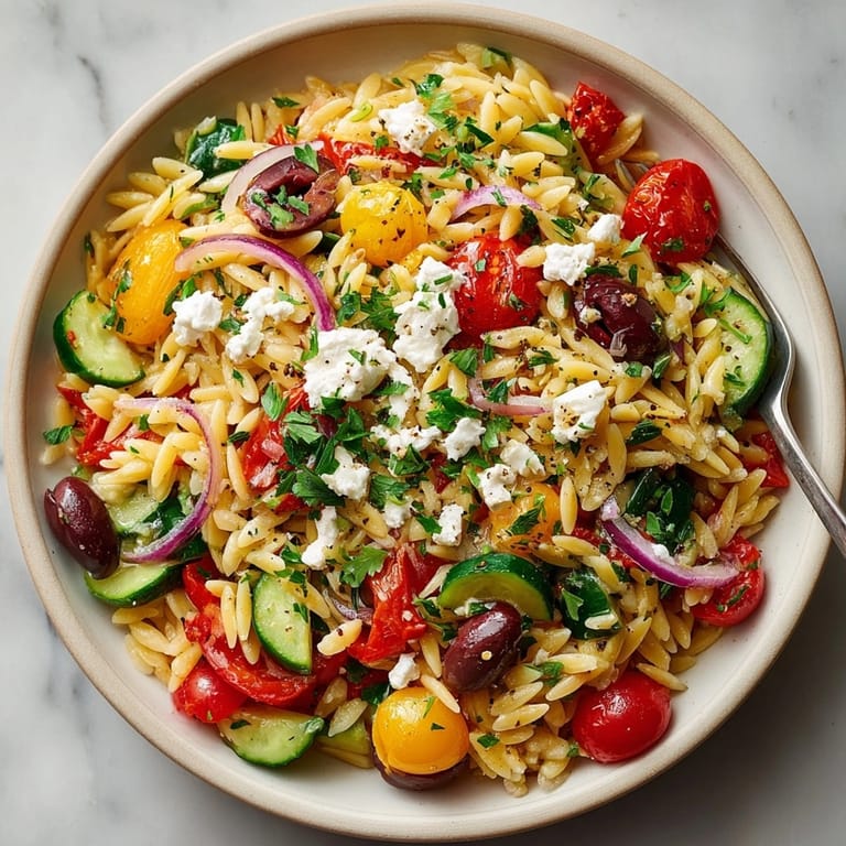 Serving suggestion: Greek Style Warm Orzo Salad in a bowl, ready to enjoy.