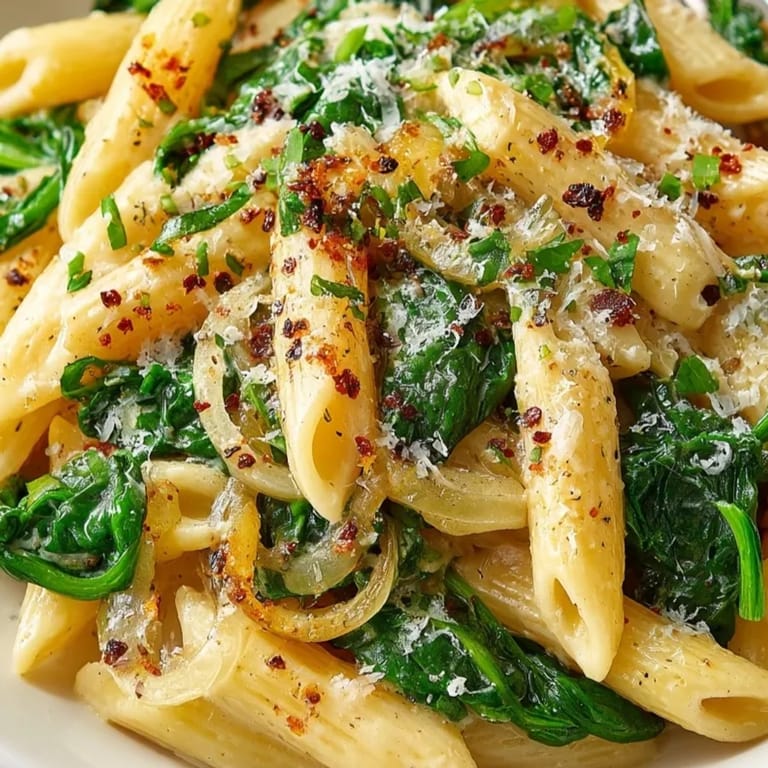 Spoonful of Creamy Spinach Pasta showing vibrant green spinach and grated parmesan on top.