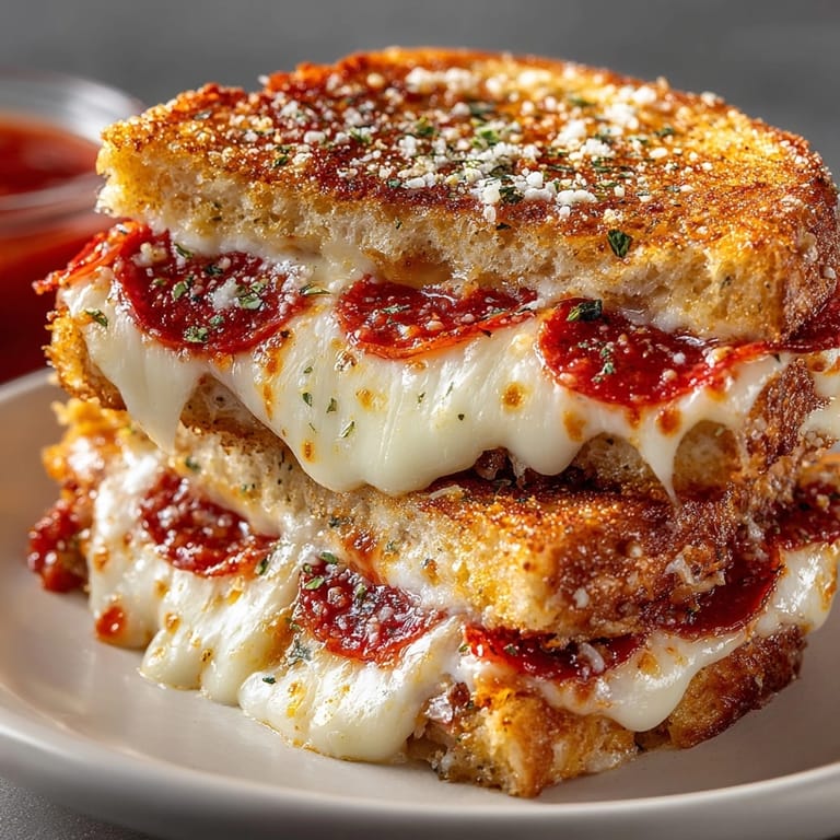 Homemade Pepperoni Pizza Grilled Cheese: a delicious twist on a classic, served with marinara.