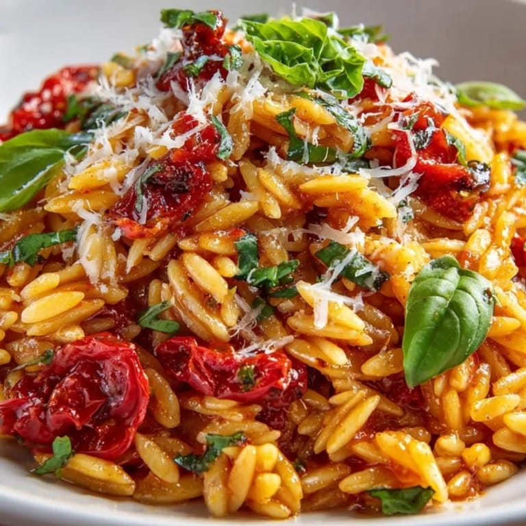 A comforting bowl of Spicy Arrabbiata Orzo pasta, topped with Parmesan, cooked al dente.