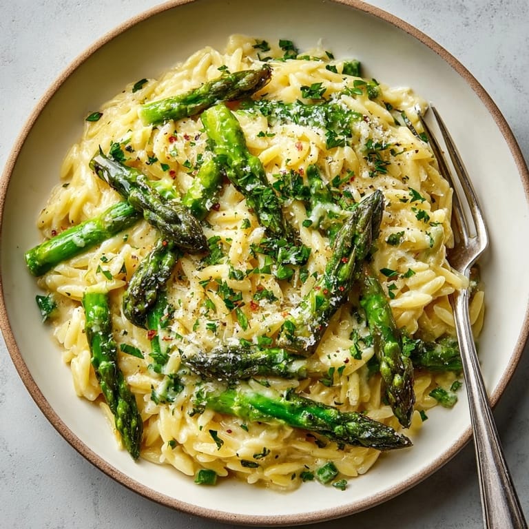 A steaming plate of Lemon Butter Orzo; bright green asparagus peeks through.