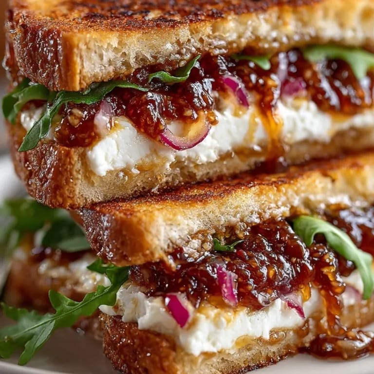 Savory Fig Jam and Goat Cheese Grilled Cheese, browned, sliced, ready to eat!