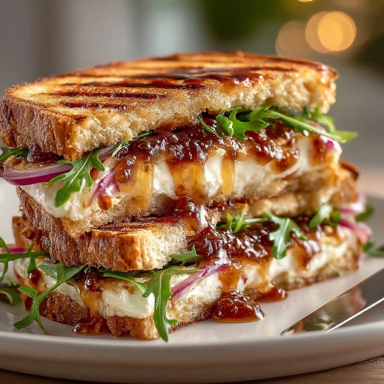 Warm, tangy Fig Jam and Goat Cheese Grilled Cheese sandwich with toasted bread.