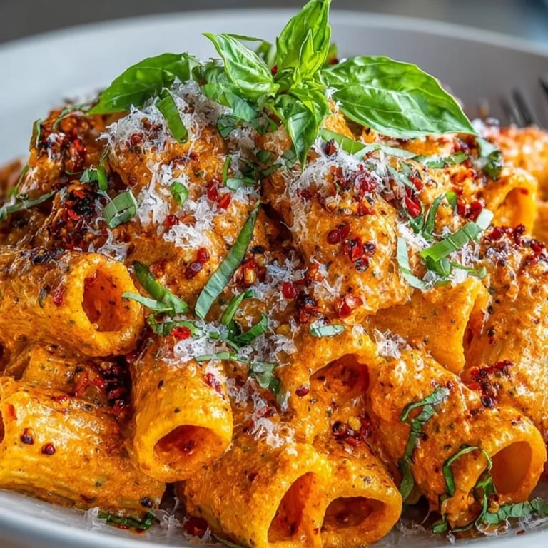 Delicious spicy vodka rigatoni: See silky sauce clinging to perfectly cooked rigatoni pasta.