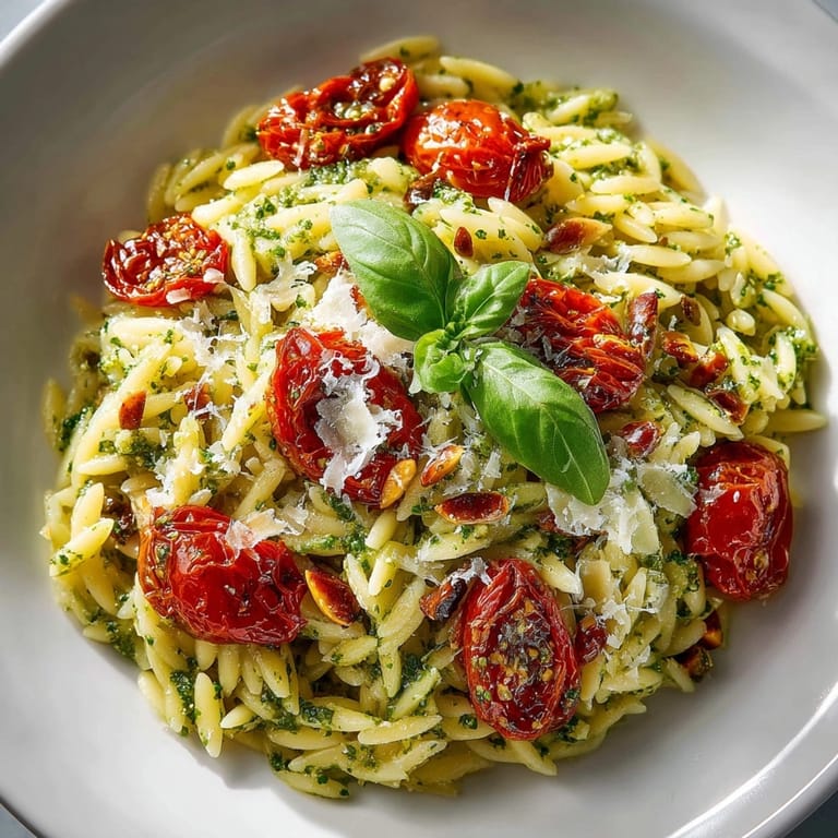 A bowl of flavorful Pesto Orzo with bright tomatoes, garnished with basil.