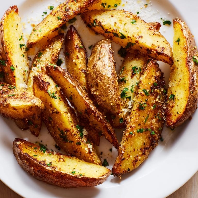 Oven-baked Crispy Garlic Potato Wedges recipe: a simple, flavorful American side dish that is crispy.