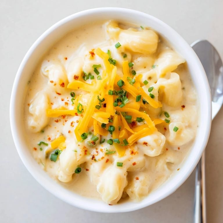 Scoop of warm Cozy Mac ‘n’ Cheese Soup swirls; melted cheddar, dreamy and comforting.