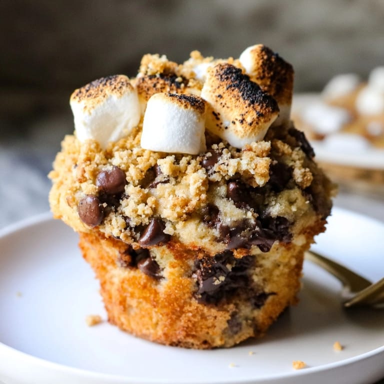 Homemade S&amp;#x2019;mores Chocolate Chip Muffins recipe, featuring melted chocolate and toasted marshmallows.