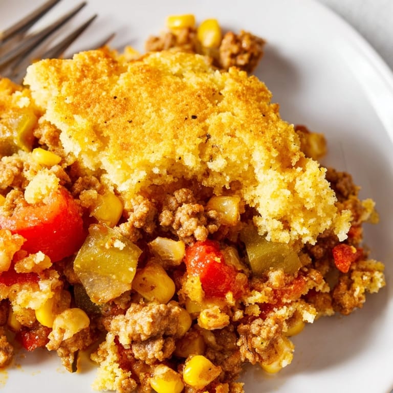 Close-up of a rustic, bubbly Turkey Cornbread Skillet, steaming hot and ready to serve.
