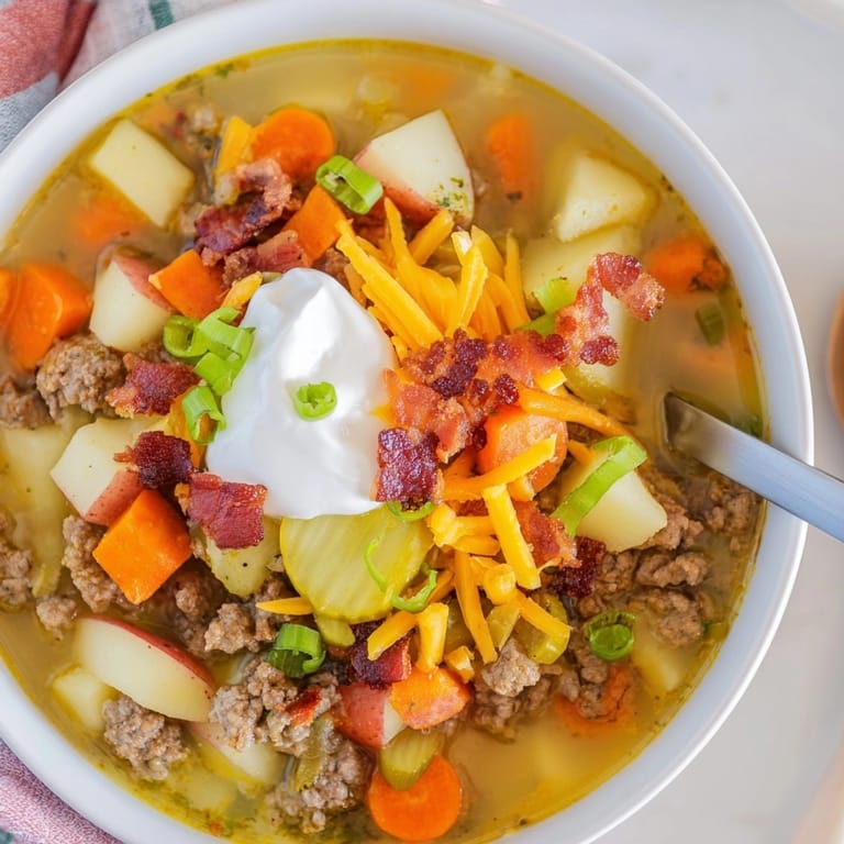 Comforting bowl of Loaded Cheeseburger Soup; ground beef, potatoes, and cheesy heaven, ready to eat.
